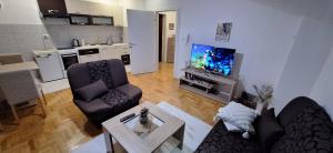 a living room with two chairs and a television at Apartments Padrino BP in Bosanski Novi