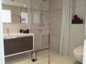 a bathroom with a shower and a sink and a toilet at Sunrise Apartment in Staad +37 photos