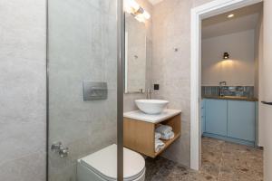 a bathroom with a shower and a toilet and a sink at Villa Angelo in Paleokastritsa