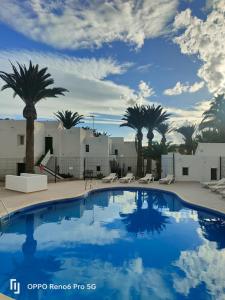 a large swimming pool with palm trees in the background at La casa di marcos in Costa Calma