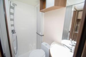 a small bathroom with a toilet and a sink at Autocaravaning Menorca in Ferreries