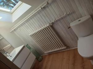 a bathroom with a toilet and a radiator and a window at Gîte les 3 petits porcelets in Missillac