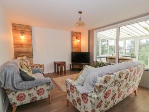 a living room with two chairs and a tv at Swallow Cottage in Dumfries