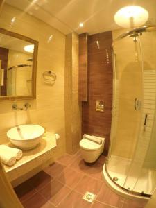 un bagno con wc, lavandino e doccia di Kallisti Apartments a Città di Skiathos