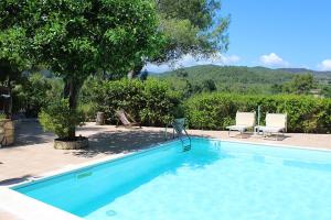 a blue swimming pool with two chairs and a tree at Agriturismo Fara del Falco in Vieste