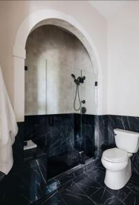 a bathroom with a toilet and a glass shower at The Purple Martin - The Perch in Louisville