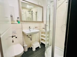 a bathroom with a sink and a toilet and a shower at Ferienwohnung Südanker Fehmarn in Fehmarn