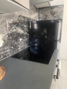 a black refrigerator sitting on top of a kitchen counter at Appartement Moderne in Saint-Cergues