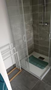 a shower with a glass door in a bathroom at Les hortensias in Soubran