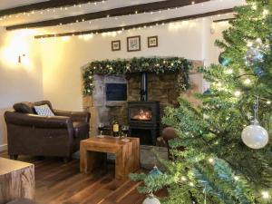 a living room with a christmas tree and a fireplace at Church View Cottage & Barn in Hatherleigh +27 photos