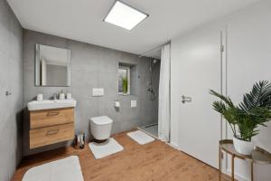 a bathroom with a sink and a toilet and a mirror at STARLIVING Premium Home in Osthofen +39 photos