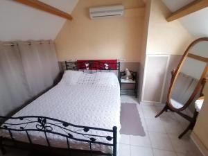 a small bedroom with a bed and a mirror at Le Clos des Roses in Civray-de-Touraine