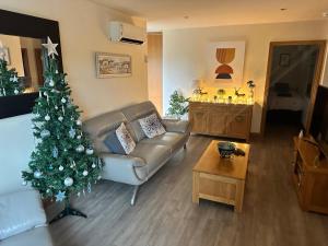 a living room with a christmas tree and a couch at Woodburn Lodges in Dumfries