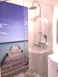 ル・バルカレスにあるBarcaresa-Magnifique Appartement residence Argonautesのバスルーム(ウォークインシャワー付)が備わります。