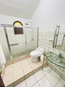 a bathroom with a glass shower and a toilet at Villas Carela in Cabarete