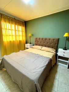 a bedroom with a large bed and green walls at Tu espacio ideal, Amplia y Luminosa en Rio gallegos in Río Gallegos