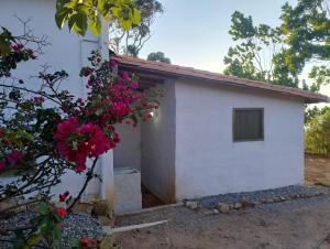 a small white building with a window and flowers at Hospedaje tipo chalet Mesa de los Santos in Los Santos