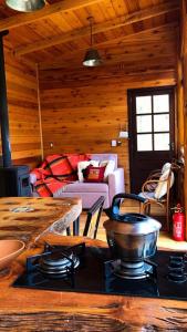 a kitchen with a stove and a living room at Cabana Fruta Fina - Urubici/SC in Grão Pará +8 photos