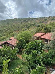 a house with a mountain in the background at The Mussel House in Ksamil