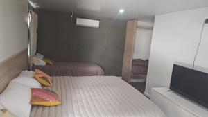 Un dormitorio pequeño con dos camas y un televisor de pantalla plana. en Hotel Viento Blanco, en Antofagasta de la Sierra