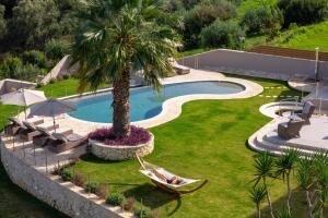 a palm tree and a hammock next to a swimming pool at Villa Kalithea Corfu in Pouládes