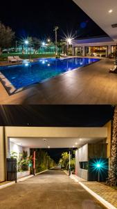 - deux photos d'une piscine la nuit dans l'établissement Villa l'Hermitage, à Oulad Mbark