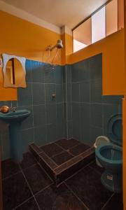 a bathroom with a shower with a toilet and a sink at Hotel TALF in Cajamarca
