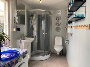 a bathroom with a shower and a toilet and a sink at 6 person holiday home in VIMMERBY in Vimmerby +61 photos