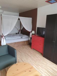 a bedroom with a bed and a tv and a couch at Fewo Hein Da Sein in Ahrensbök