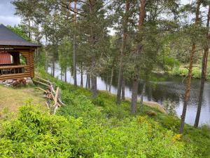 una cabaña de madera junto a un río con árboles en Hafners Ferienhaus, en Gullringen