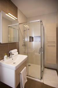 a bathroom with a glass shower and a sink at Apartment historical city in Znojmo