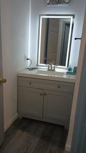 a bathroom with a sink and a mirror at House in Malvern, AR in Malvern