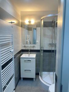 a bathroom with a shower and a sink and a toilet at Luxusný apartmán v centre Vrútok in Vrútky