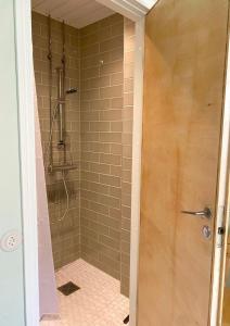 a shower with a glass door in a bathroom at Peaceful Studio in Töölö in Helsinki