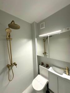 a bathroom with a sink and a toilet and a mirror at Monique's apartament 2 in Timişoara +21 photos