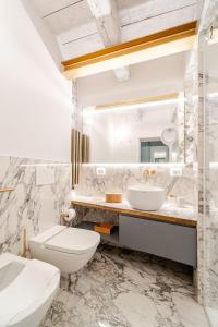 博洛尼亚Deluxe Suite Fine Art Historic Centre的浴室里有马桶、洗手池和镜子。