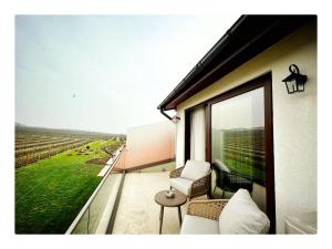 a balcony with chairs and a view of a vineyard at Licorna La Vie in Gura Vadului +56 photos