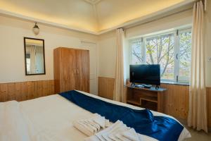 ShogiVatika Resorts Cottages的一间卧室，里面有一张床和一台平板电视