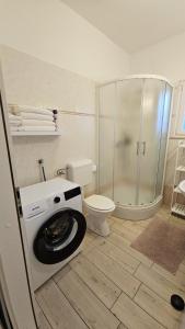 a bathroom with a toilet and a glass shower at Appartamento da Vjeri in Pula