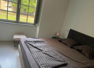 a large bed in a room with a window at Centre ville T3 in Saumur