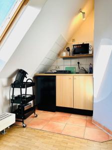 an attic kitchen with a sink and a microwave at Galerie-Dachstudio- Ruhig & kompakt-Waschmaschine- WLAN- Parkplatz in Wolfsburg +4 photos