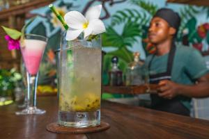 a drink on a table with a flower in it at Hazotsara Guest House in Nosy Be