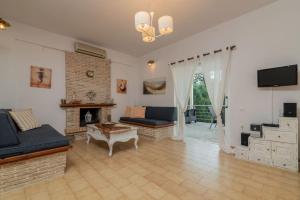 un salon avec un canapé et une cheminée dans l'établissement Villa Harmony, à Amoudi