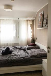 Bett in einem Schlafzimmer mit Fenster in der Unterkunft Haus am See - Urlaub im Herzen des Münsterlands in Steinfurt