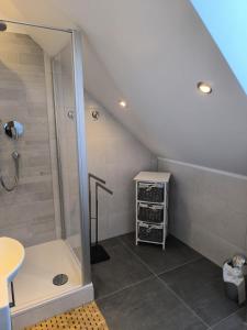 a attic bathroom with a shower and a sink at 20 Ferienwohnung im Fritz-Bleyl-Weg 16a OG in Burg auf Fehmarn +15 photos