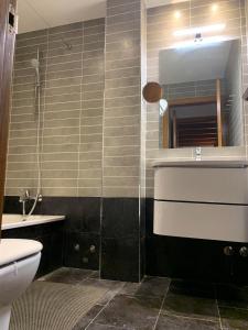 een badkamer met een wastafel, een toilet en een spiegel bij La Molina Alp c Puigmal in Girona