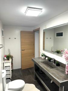 a bathroom with a sink and a toilet and a mirror at Descanso en Sevilla in Seville