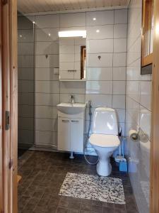 un baño con inodoro y lavabo en Arola 3 rantamökki, en Syöte 22 fotos más