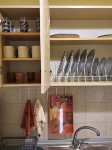 a kitchen with a sink and a shelf with dishes at Olive Tree Apartment in Asprovalta