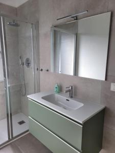 a bathroom with a sink and a shower with a mirror at Ferienhaus Picobello in Zentrum von Marano Lagunare in Marano Lagunare